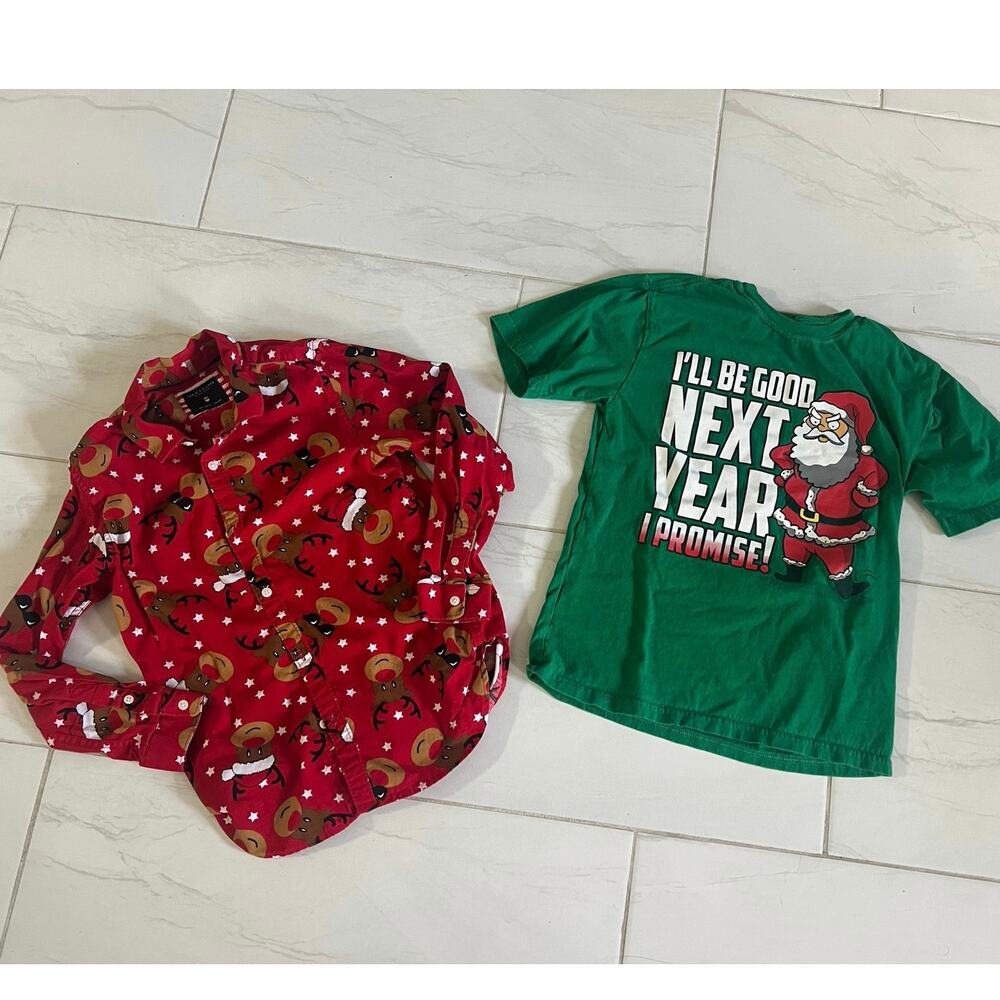2 Boys christmas shirts size 9/10 10/12.